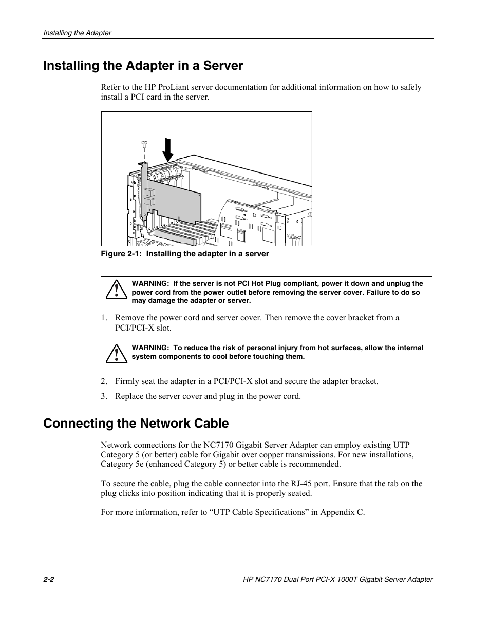 Installing the adapter in a server, Connecting the network cable, Installing the adapter in a server -2 | Connecting the network cable -2 | HP NC7170 Dual Port PCI-X Gigabit Server Adapter User Manual | Page 11 / 21