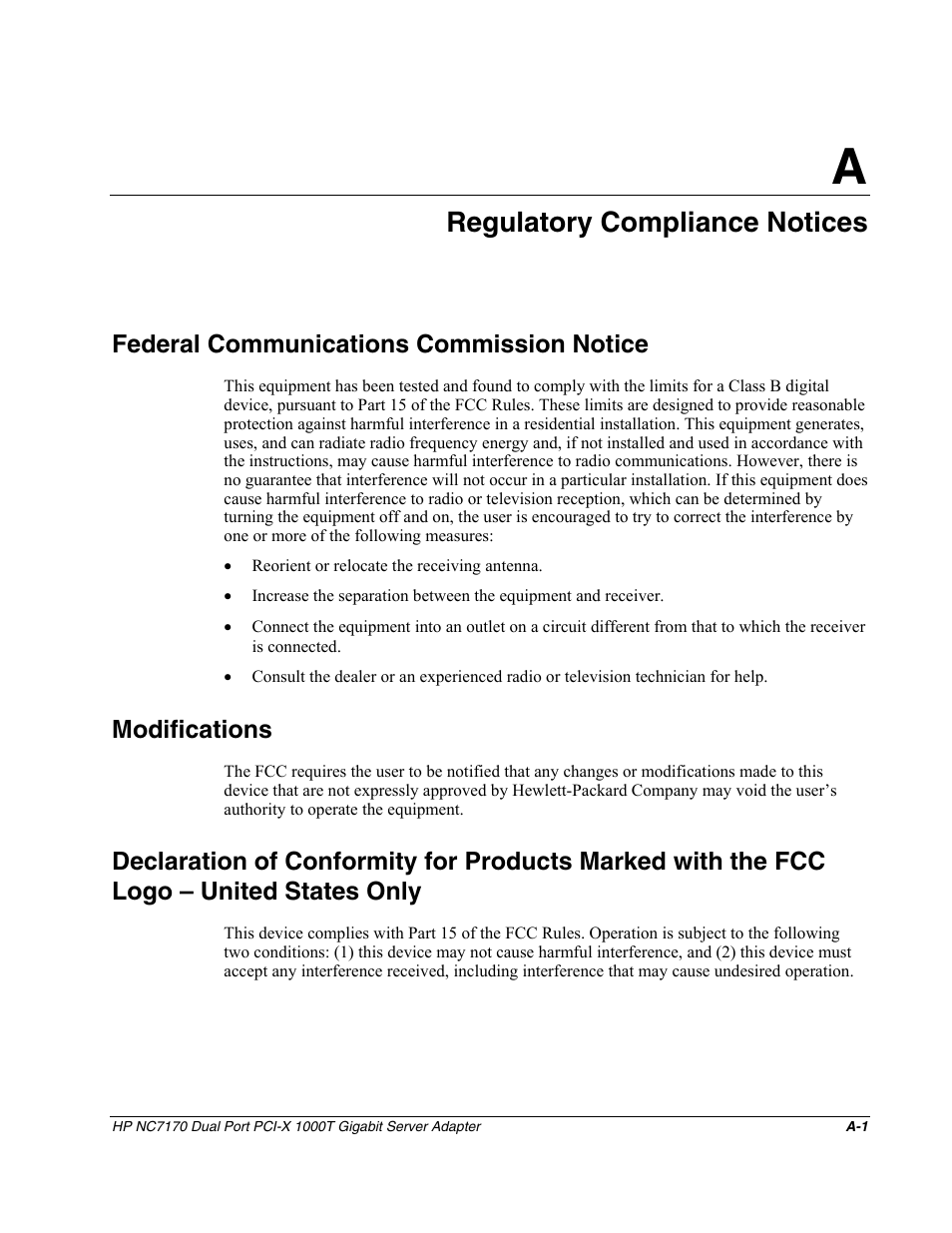 Appendix a: regulatory compliance notices, Federal communications commission notice, Modifications | Appendix a, Regulatory compliance notices | HP NC7170 Dual Port PCI-X Gigabit Server Adapter User Manual | Page 12 / 21