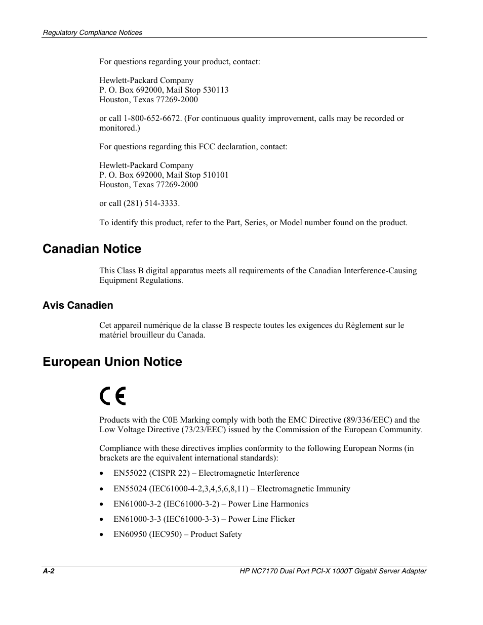 Canadian notice, Avis canadien, European union notice | HP NC7170 Dual Port PCI-X Gigabit Server Adapter User Manual | Page 13 / 21