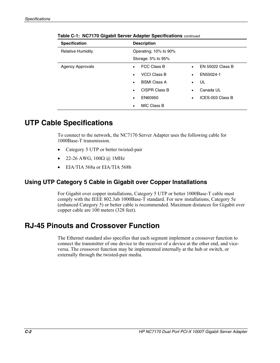 Utp cable specifications, Rj-45 pinouts and crossover function | HP NC7170 Dual Port PCI-X Gigabit Server Adapter User Manual | Page 17 / 21