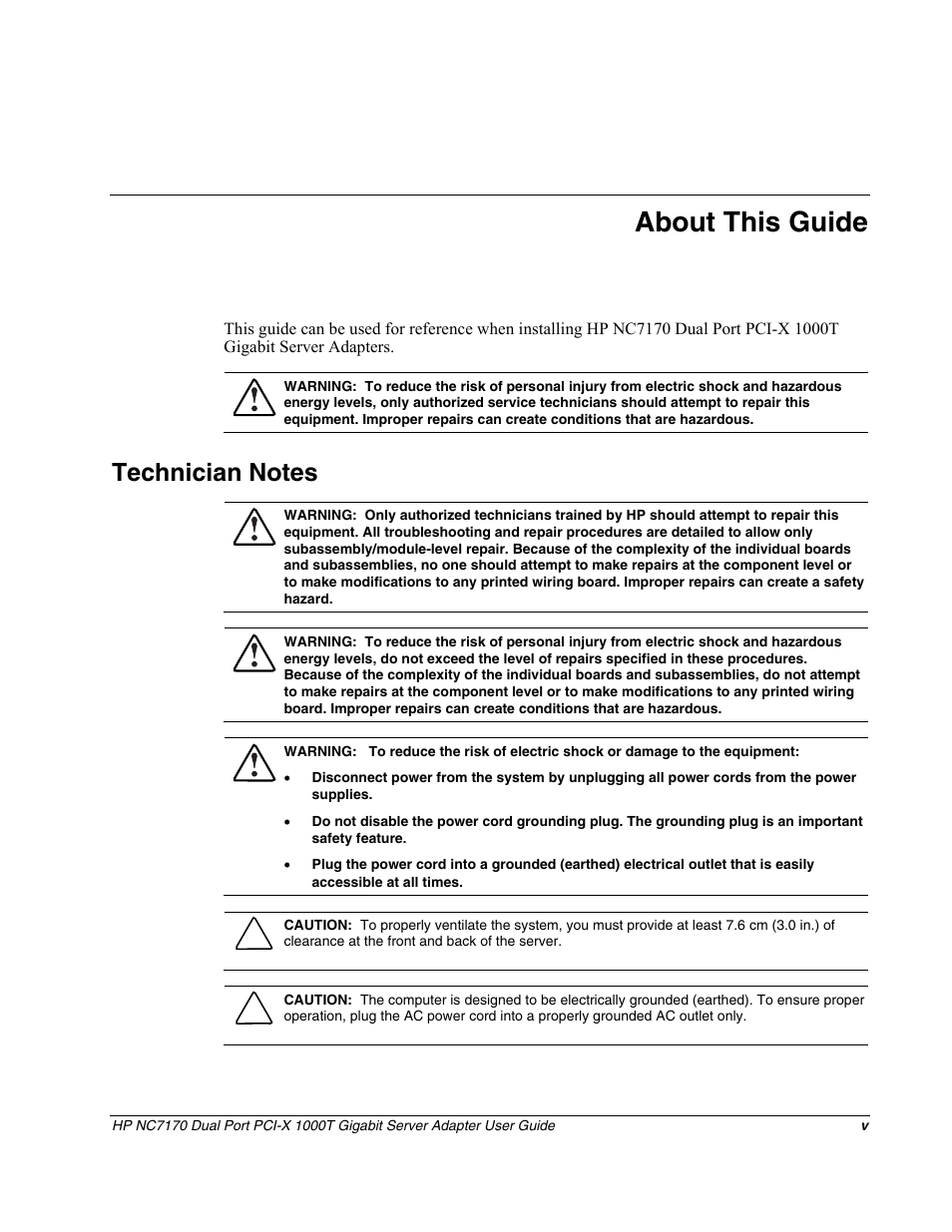 About this guide, Technician notes | HP NC7170 Dual Port PCI-X Gigabit Server Adapter User Manual | Page 5 / 21