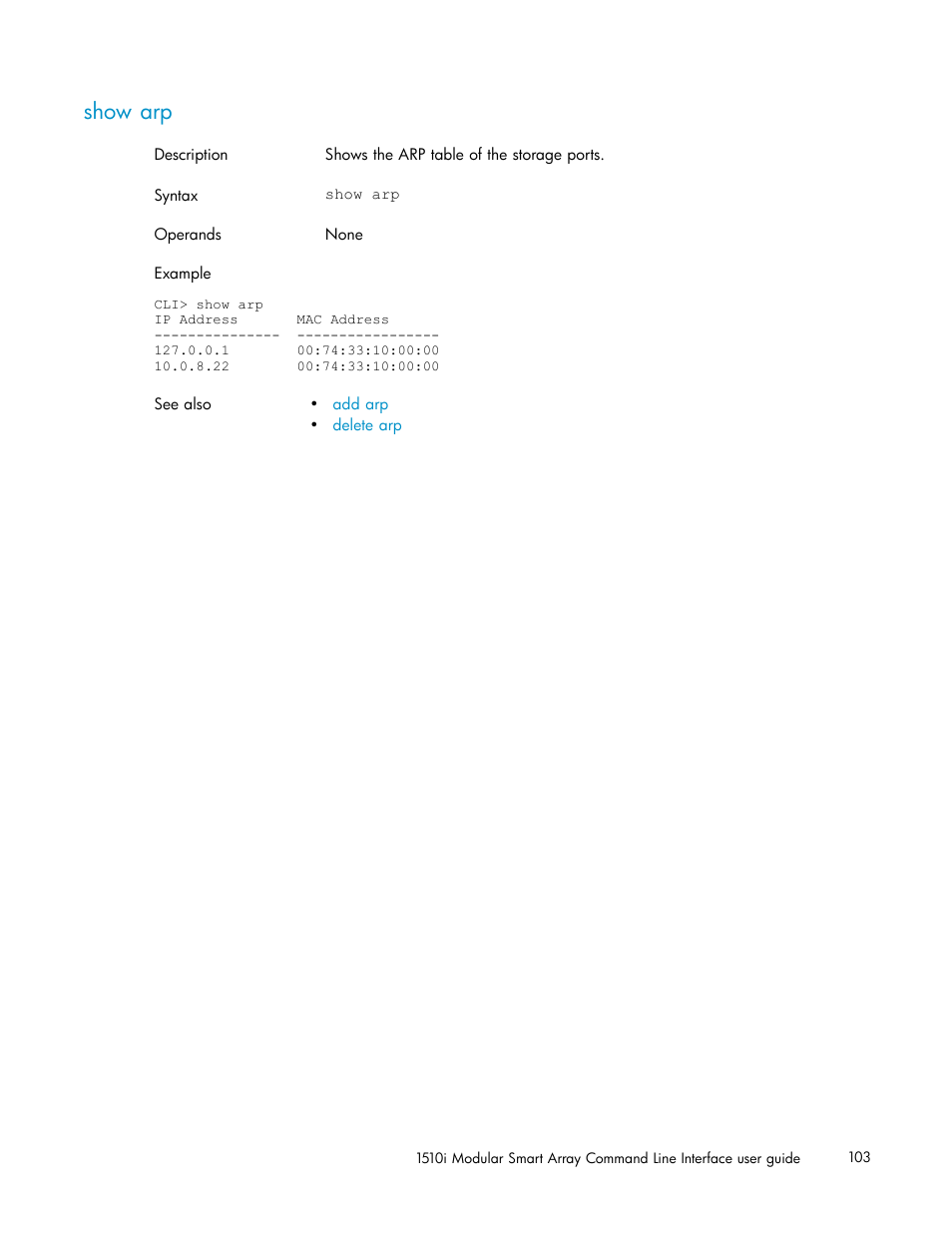 Show arp | HP StorageWorks 1510i Modular Smart Array User Manual | Page 103 / 154