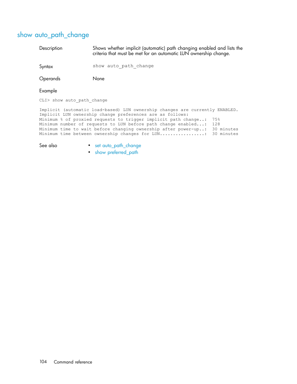 Show auto_path_change | HP StorageWorks 1510i Modular Smart Array User Manual | Page 104 / 154