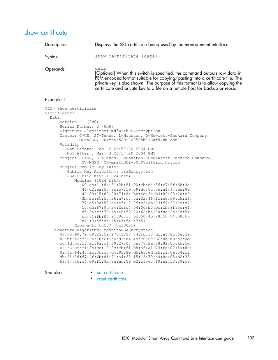 Show certificate | HP StorageWorks 1510i Modular Smart Array User Manual | Page 107 / 154