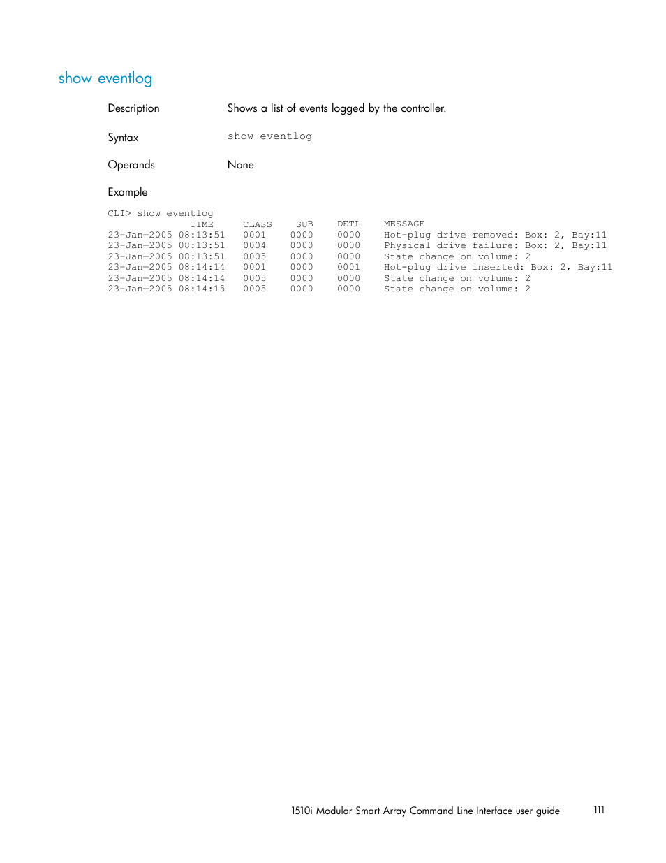 Show eventlog | HP StorageWorks 1510i Modular Smart Array User Manual | Page 111 / 154