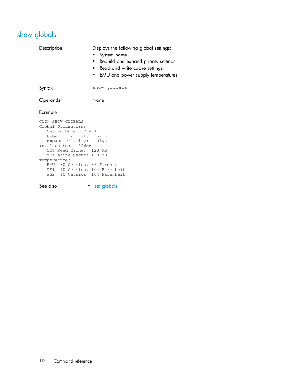 Show globals | HP StorageWorks 1510i Modular Smart Array User Manual | Page 112 / 154