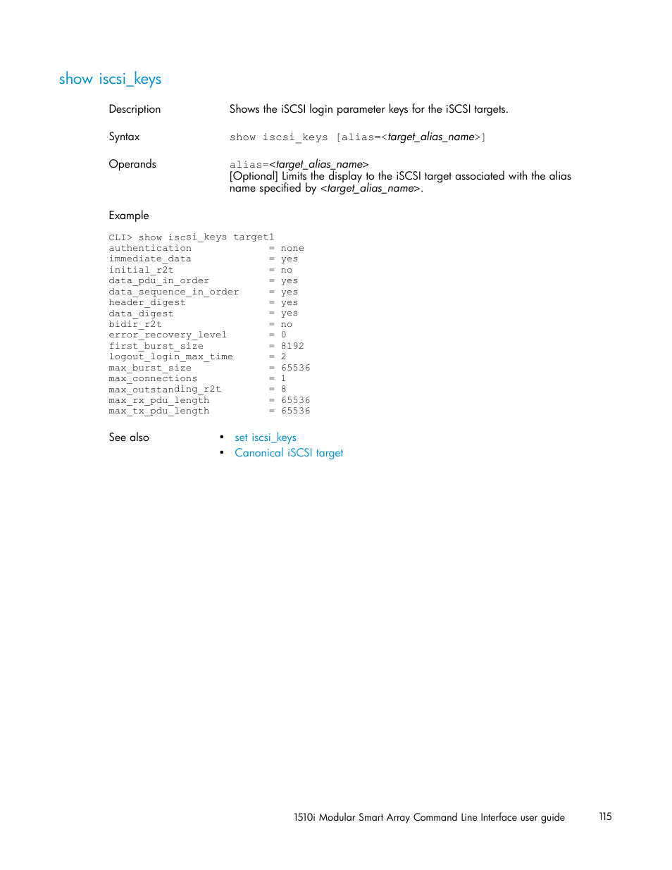 Show iscsi_keys | HP StorageWorks 1510i Modular Smart Array User Manual | Page 115 / 154