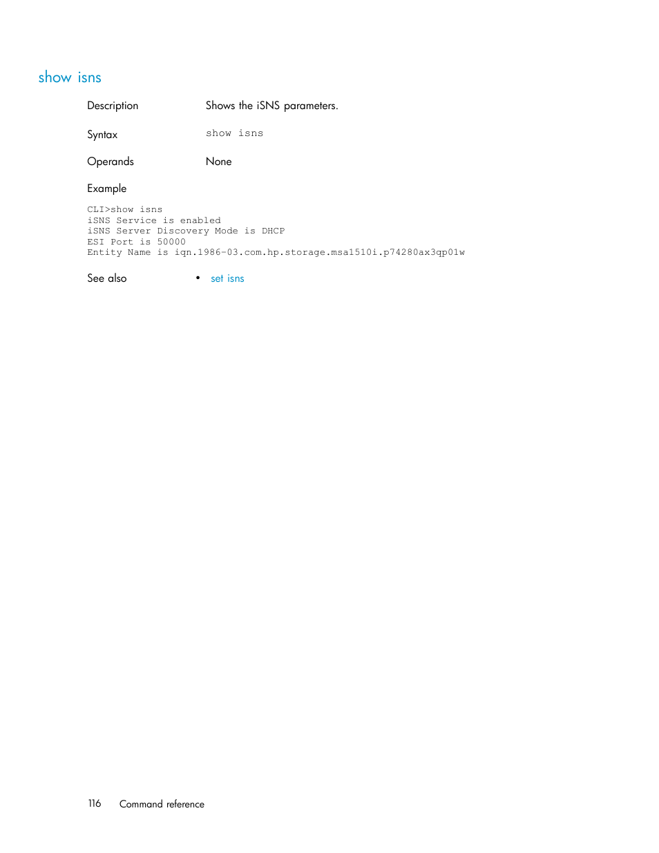 Show isns | HP StorageWorks 1510i Modular Smart Array User Manual | Page 116 / 154