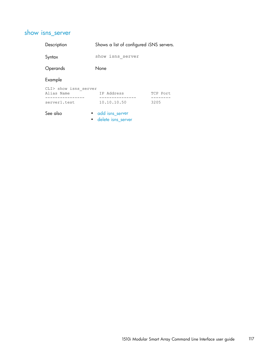 Show isns_server | HP StorageWorks 1510i Modular Smart Array User Manual | Page 117 / 154