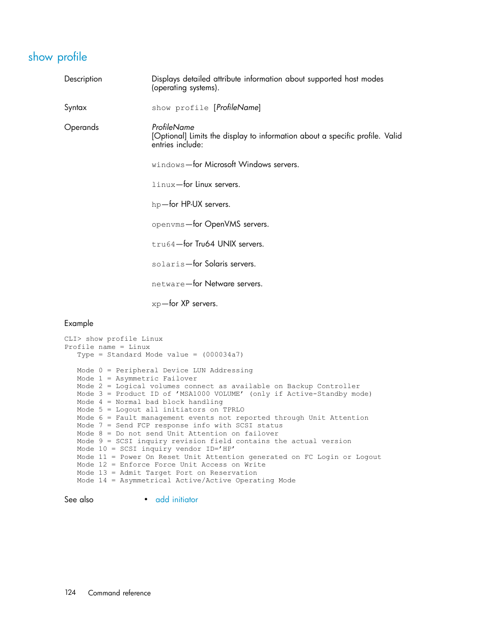 Show profile | HP StorageWorks 1510i Modular Smart Array User Manual | Page 124 / 154