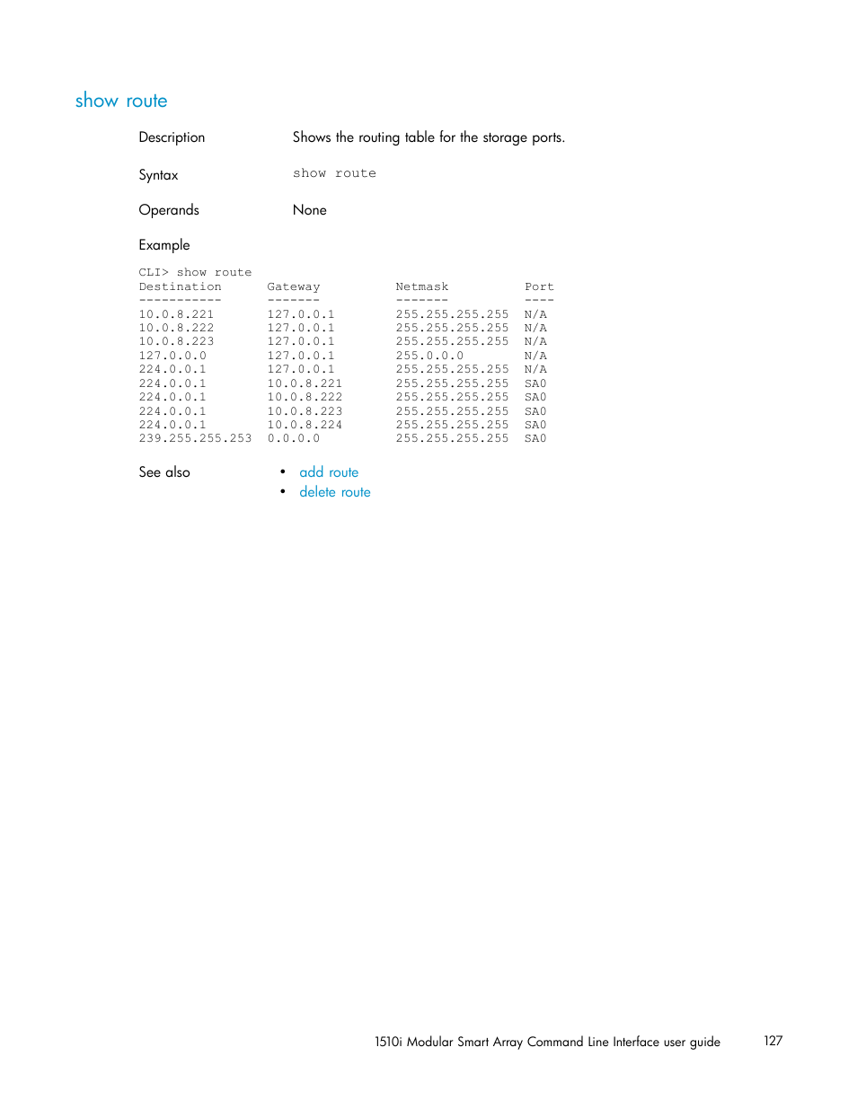 Show route | HP StorageWorks 1510i Modular Smart Array User Manual | Page 127 / 154