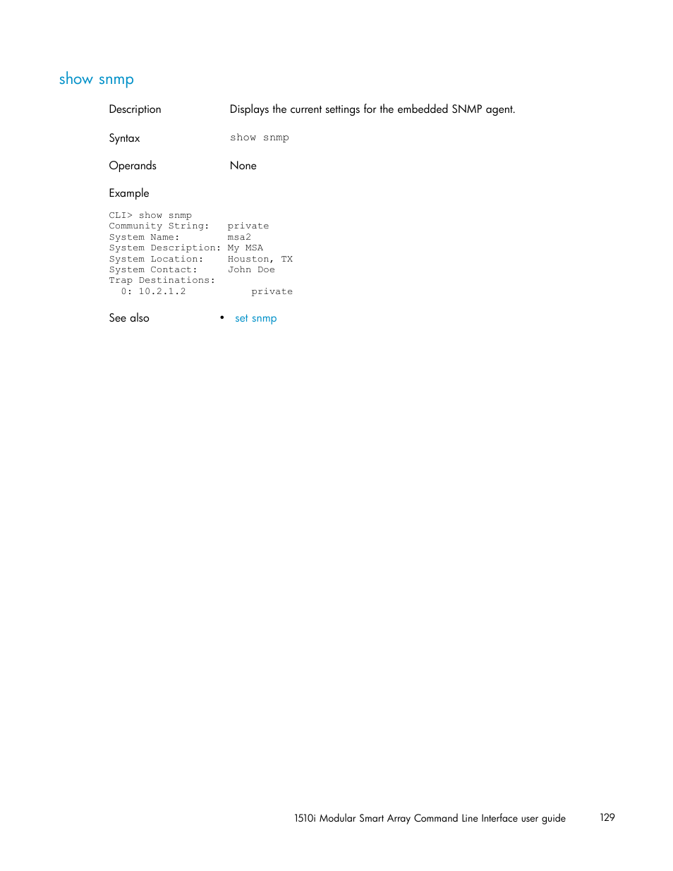 Show snmp | HP StorageWorks 1510i Modular Smart Array User Manual | Page 129 / 154