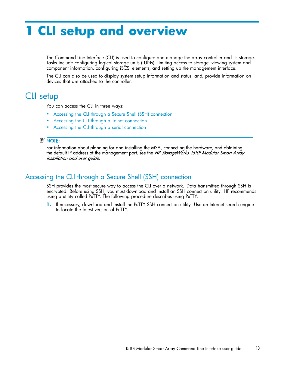 1 cli setup and overview, Cli setup | HP StorageWorks 1510i Modular Smart Array User Manual | Page 13 / 154