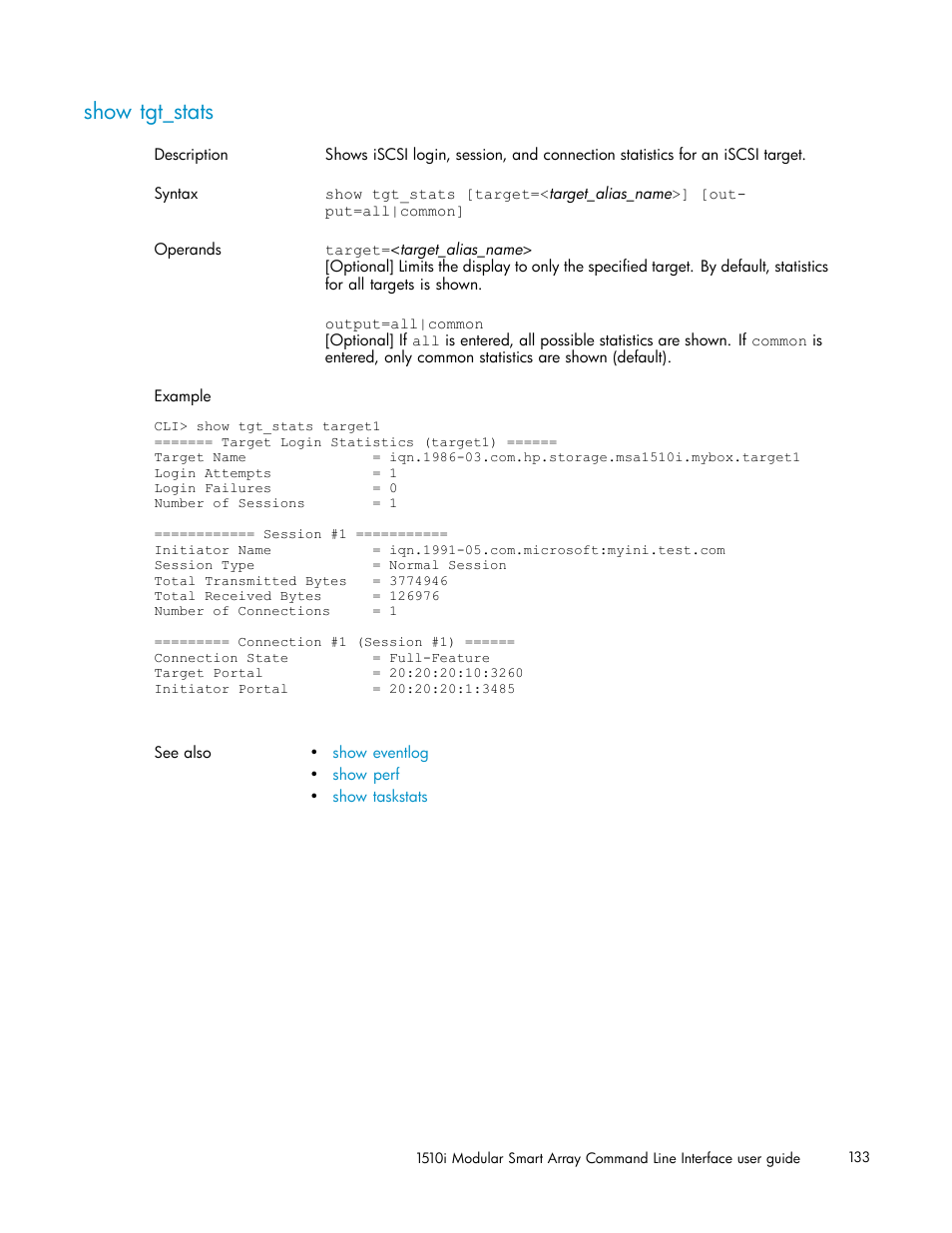 Show tgt_stats | HP StorageWorks 1510i Modular Smart Array User Manual | Page 133 / 154