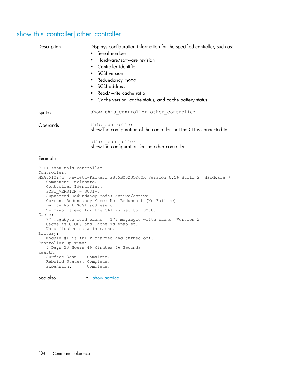 Show this_controller|other_controller, Show this_controller/other_controller | HP StorageWorks 1510i Modular Smart Array User Manual | Page 134 / 154