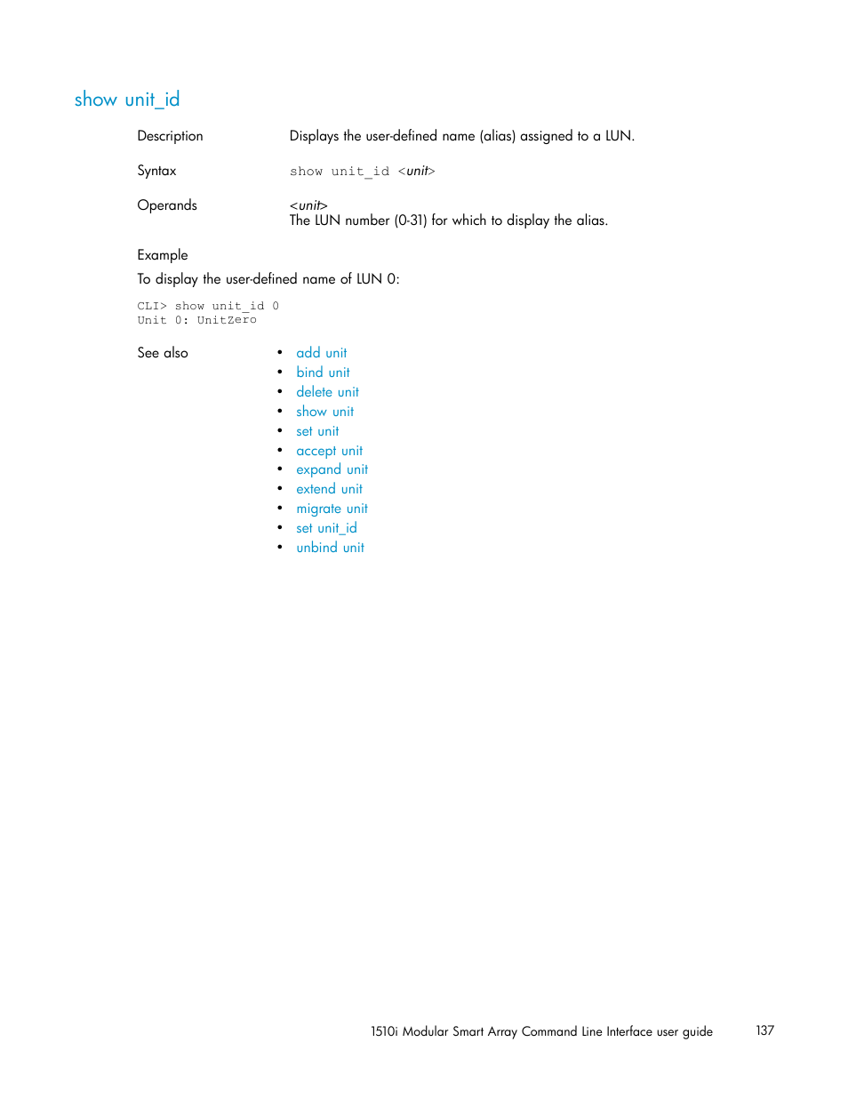 Show unit_id | HP StorageWorks 1510i Modular Smart Array User Manual | Page 137 / 154