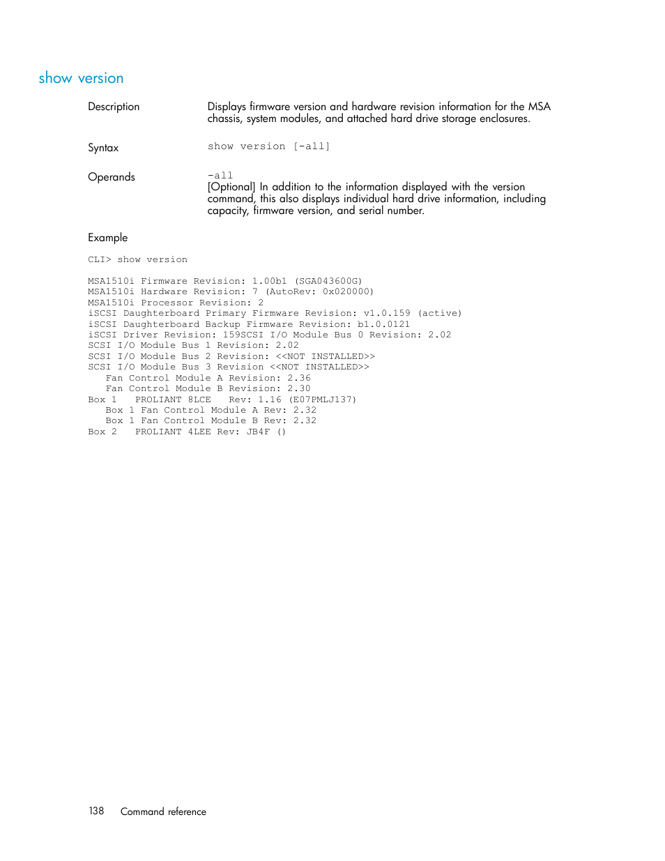 Show version | HP StorageWorks 1510i Modular Smart Array User Manual | Page 138 / 154