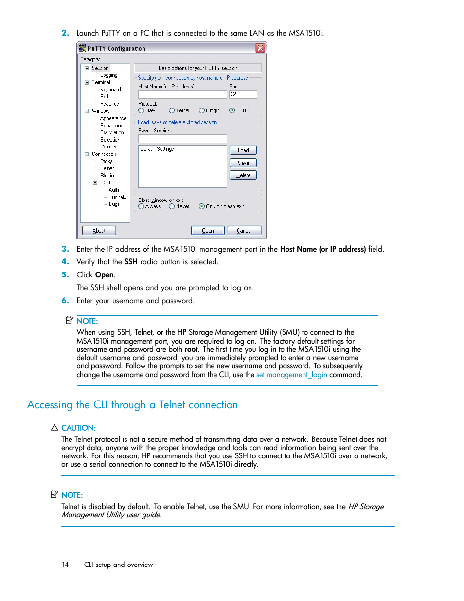 Accessing the cli through a telnet, Accessing the cli through a telnet connection | HP StorageWorks 1510i Modular Smart Array User Manual | Page 14 / 154