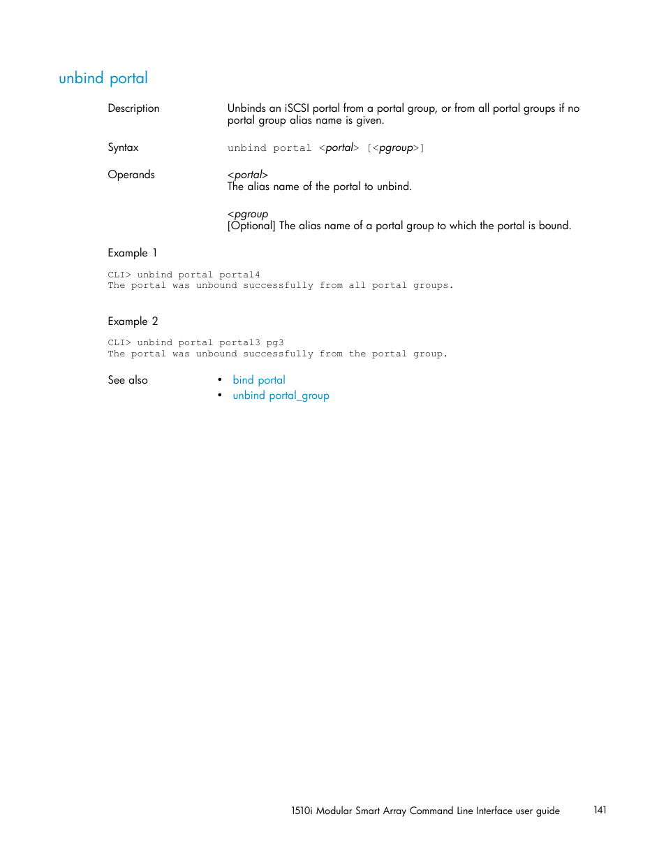 Unbind portal | HP StorageWorks 1510i Modular Smart Array User Manual | Page 141 / 154