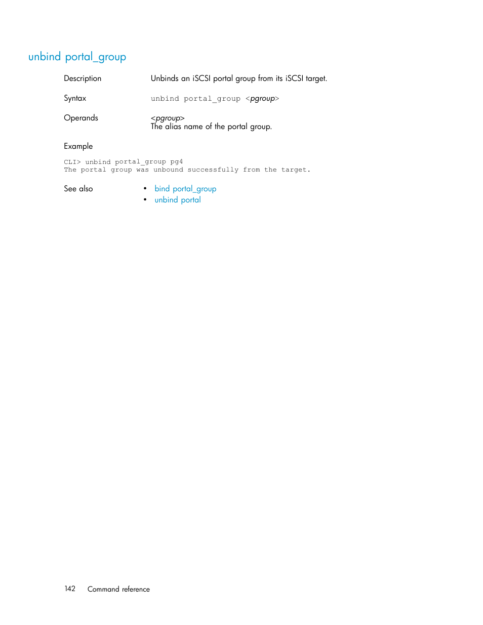 Unbind portal_group | HP StorageWorks 1510i Modular Smart Array User Manual | Page 142 / 154