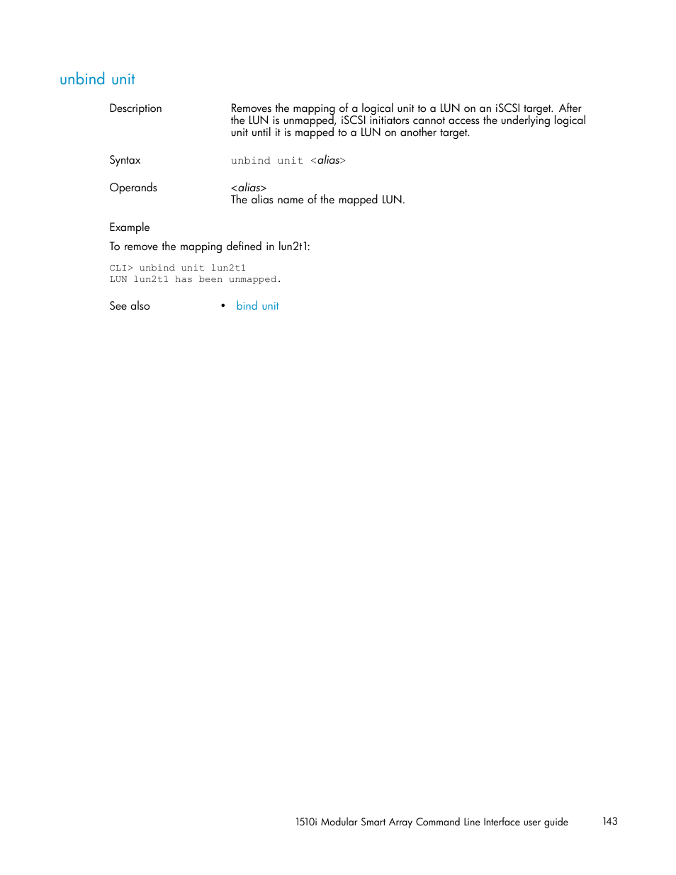 Unbind unit | HP StorageWorks 1510i Modular Smart Array User Manual | Page 143 / 154