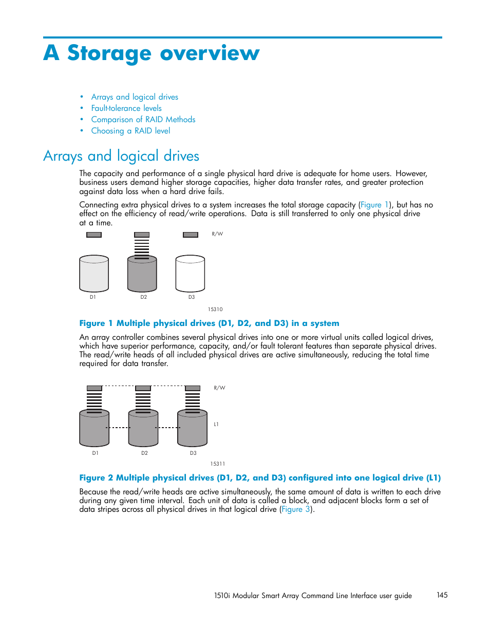 A storage overview, Arrays and logical drives | HP StorageWorks 1510i Modular Smart Array User Manual | Page 145 / 154