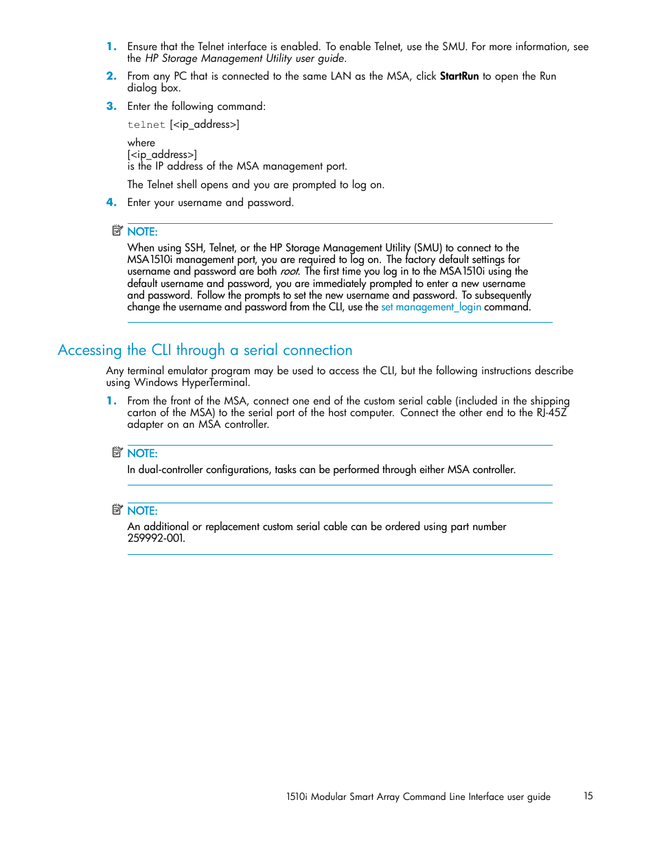 Accessing the cli through a serial connection | HP StorageWorks 1510i Modular Smart Array User Manual | Page 15 / 154
