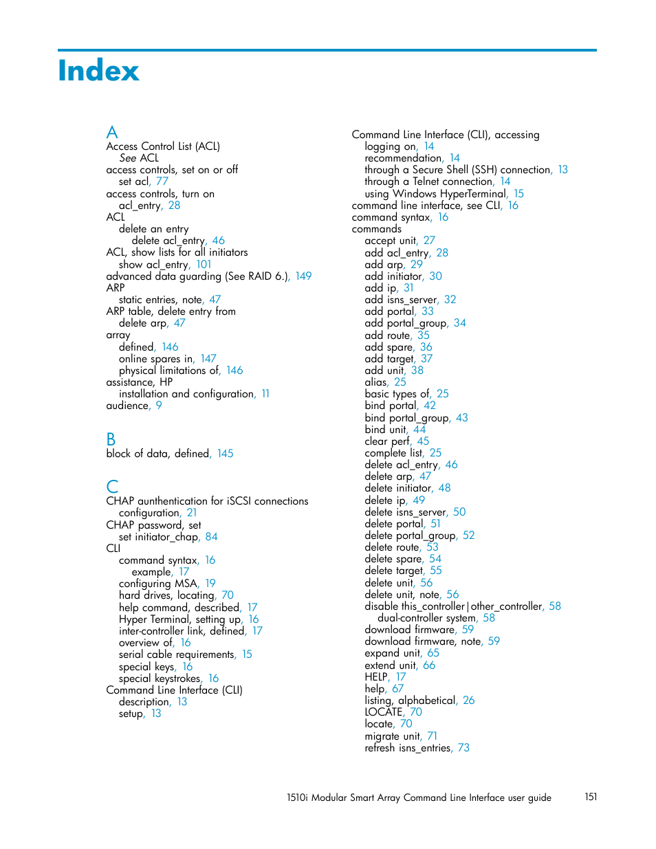 Index | HP StorageWorks 1510i Modular Smart Array User Manual | Page 151 / 154