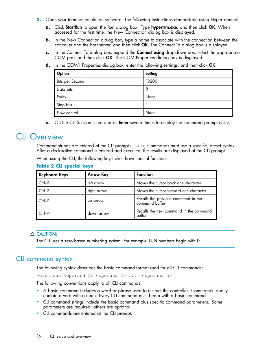 Cli overview, Cli command syntax, 2 cli special keys | HP StorageWorks 1510i Modular Smart Array User Manual | Page 16 / 154