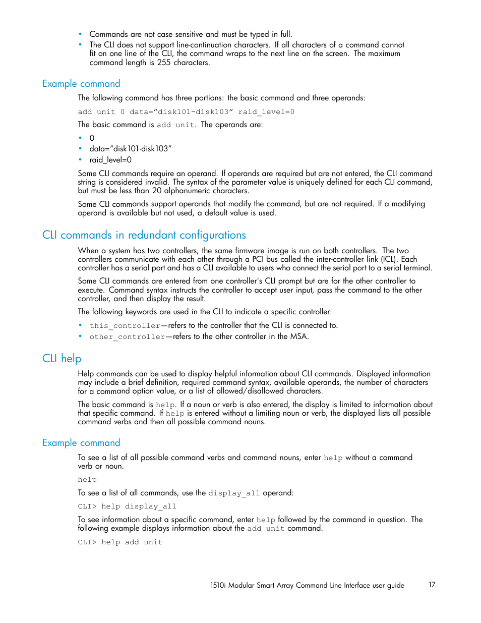 Cli commands in redundant configurations, Cli help, Example command | HP StorageWorks 1510i Modular Smart Array User Manual | Page 17 / 154
