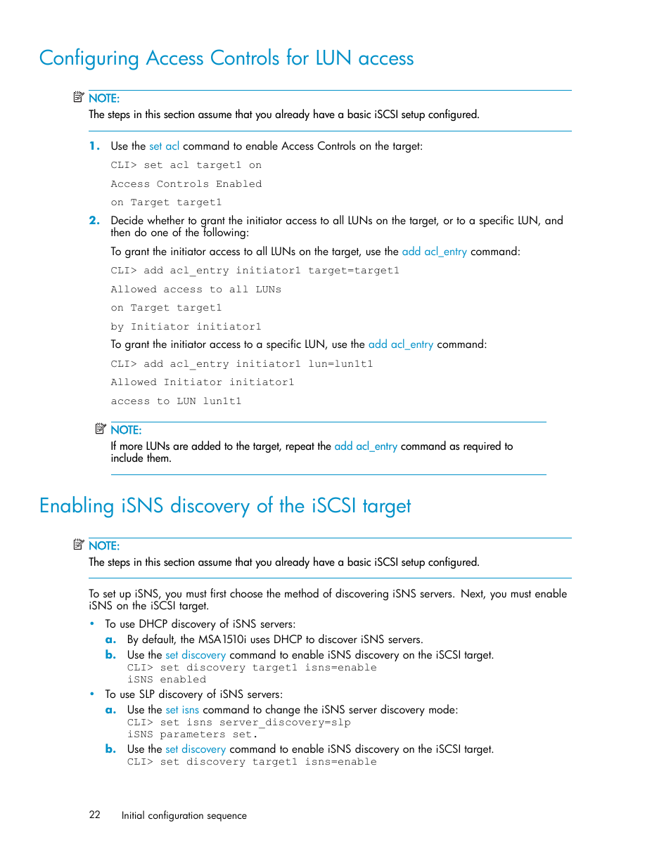 Configuring access controls for lun access, Enabling isns discovery of the iscsi target, Configure access controls for lun access | Enable isns discovery of the iscsi target | HP StorageWorks 1510i Modular Smart Array User Manual | Page 22 / 154