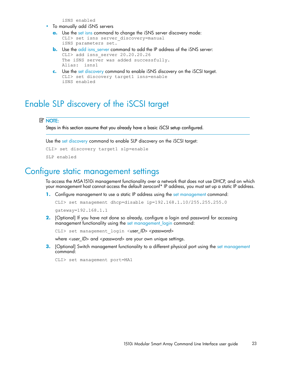 Enable slp discovery of the iscsi target, Configure static management settings, Configuring static management settings | HP StorageWorks 1510i Modular Smart Array User Manual | Page 23 / 154