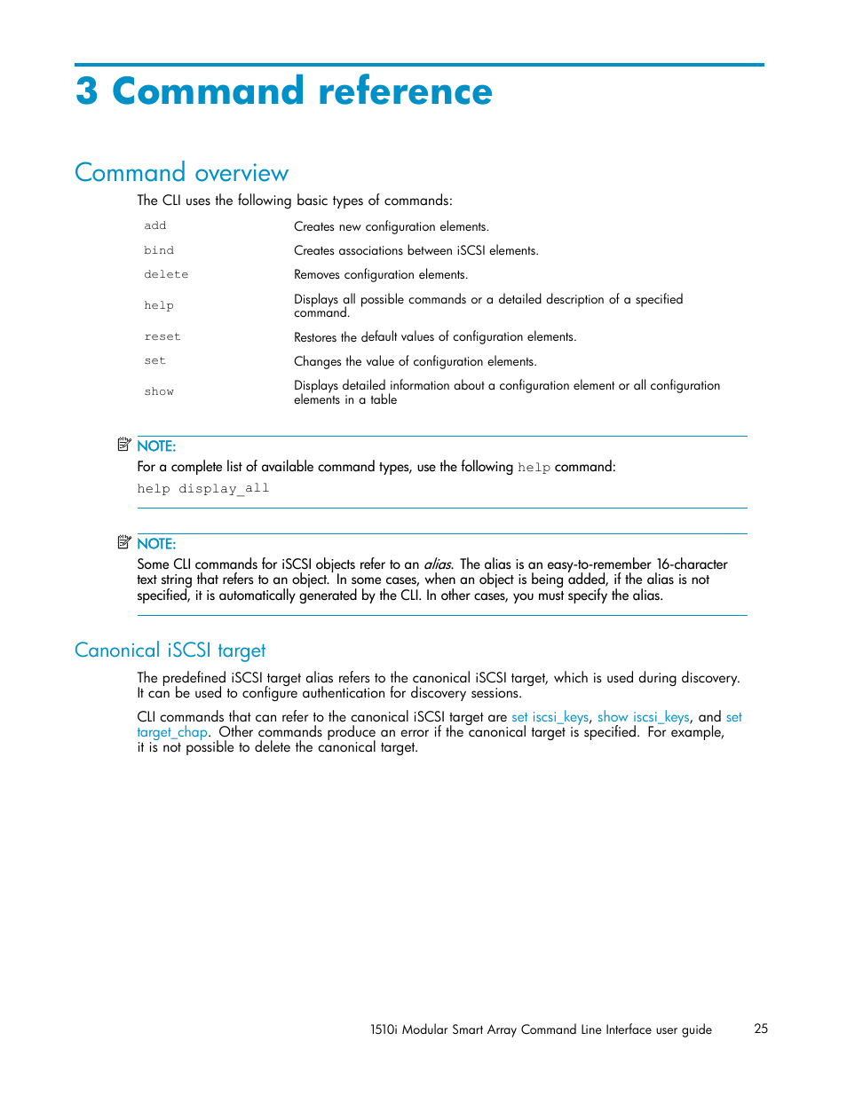 3 command reference, Command overview, Canonical iscsi target | Command reference | HP StorageWorks 1510i Modular Smart Array User Manual | Page 25 / 154
