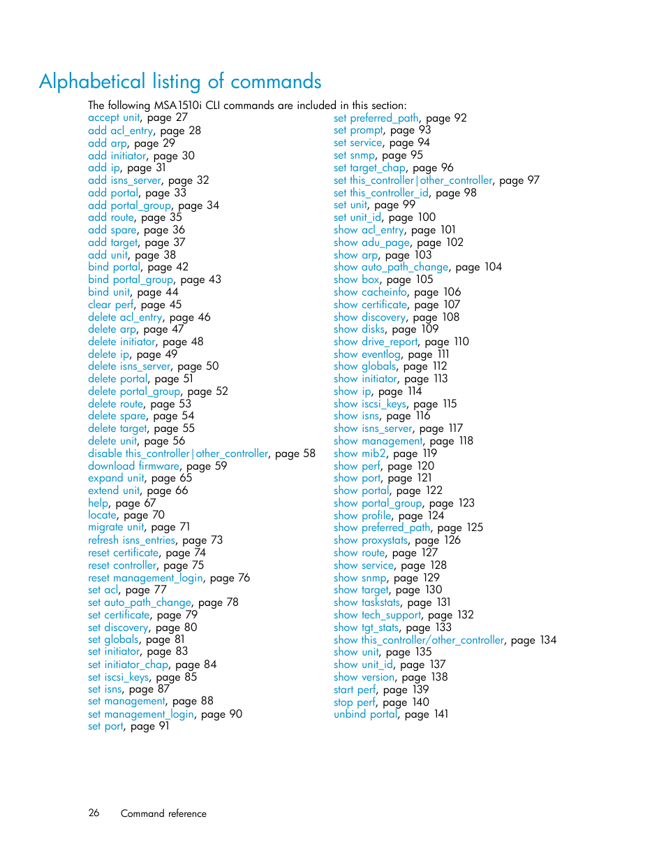 Alphabetical listing of commands | HP StorageWorks 1510i Modular Smart Array User Manual | Page 26 / 154