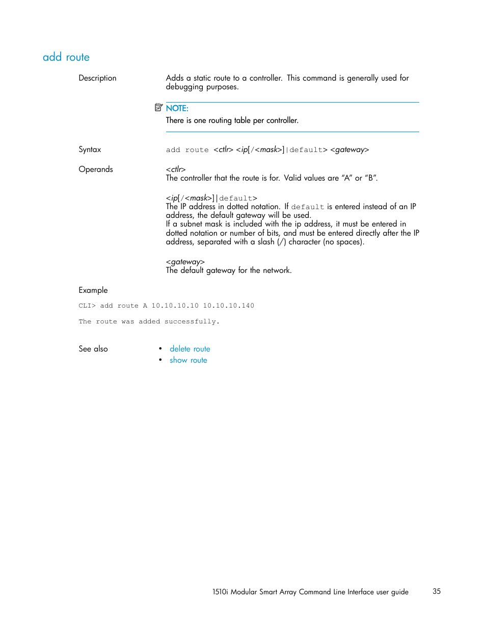 Add route | HP StorageWorks 1510i Modular Smart Array User Manual | Page 35 / 154