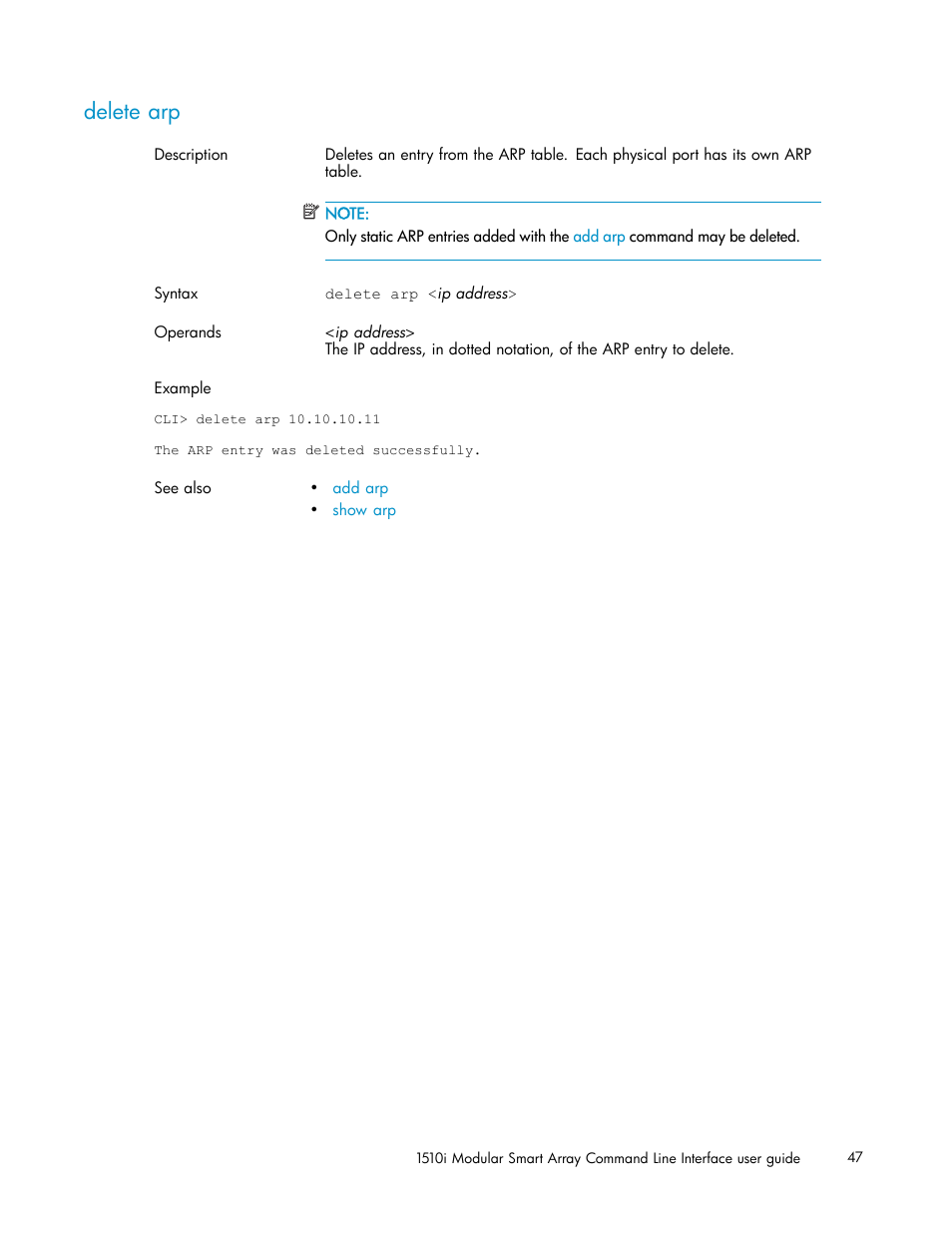 Delete arp | HP StorageWorks 1510i Modular Smart Array User Manual | Page 47 / 154