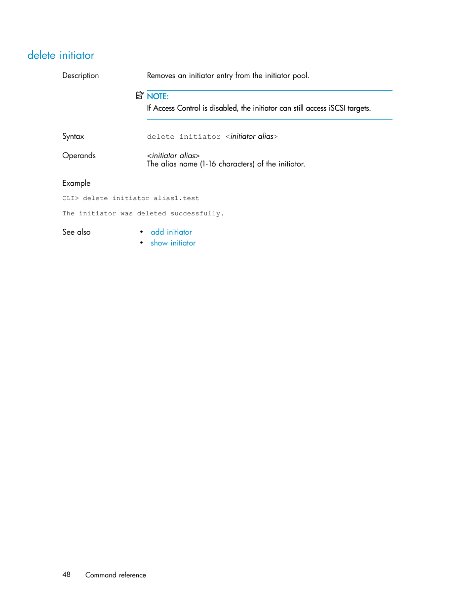 Delete initiator | HP StorageWorks 1510i Modular Smart Array User Manual | Page 48 / 154