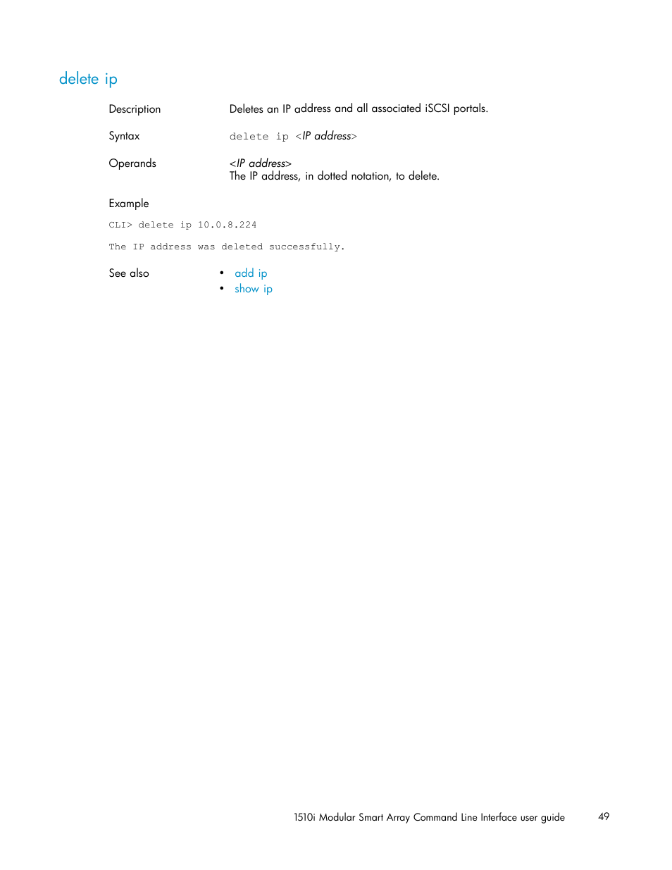 Delete ip | HP StorageWorks 1510i Modular Smart Array User Manual | Page 49 / 154