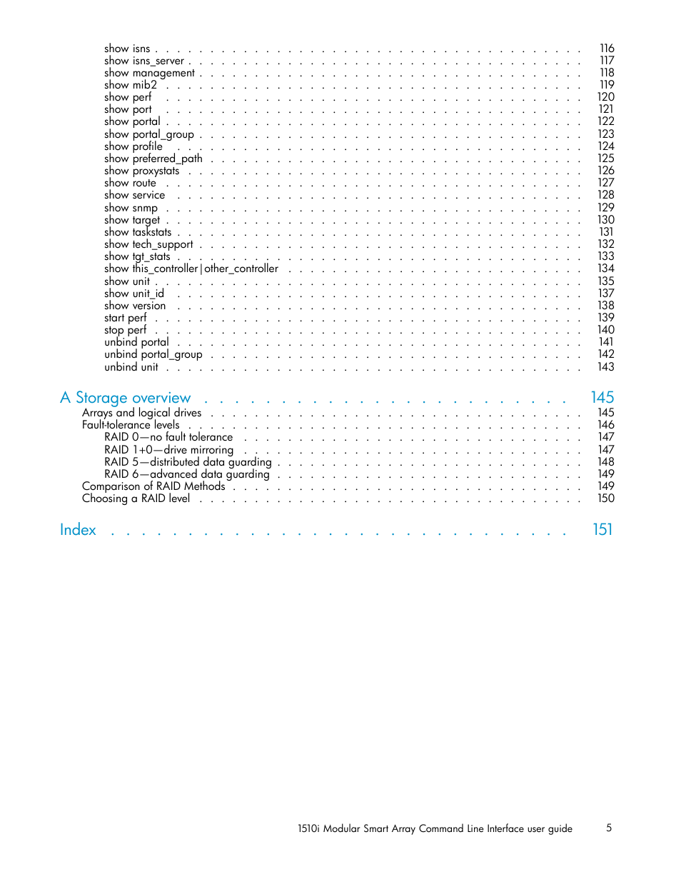A storage overview, Index | HP StorageWorks 1510i Modular Smart Array User Manual | Page 5 / 154