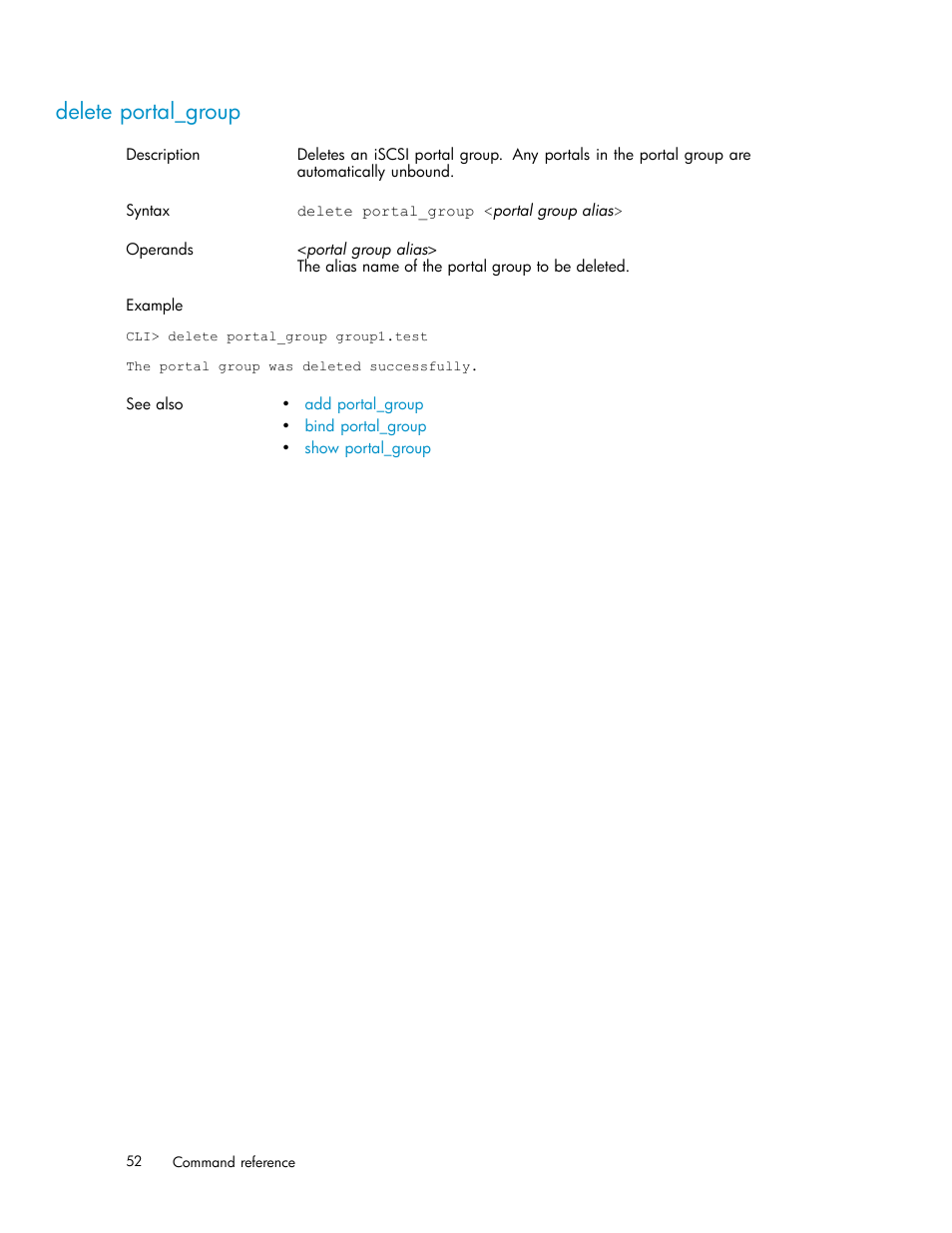 Delete portal_group | HP StorageWorks 1510i Modular Smart Array User Manual | Page 52 / 154