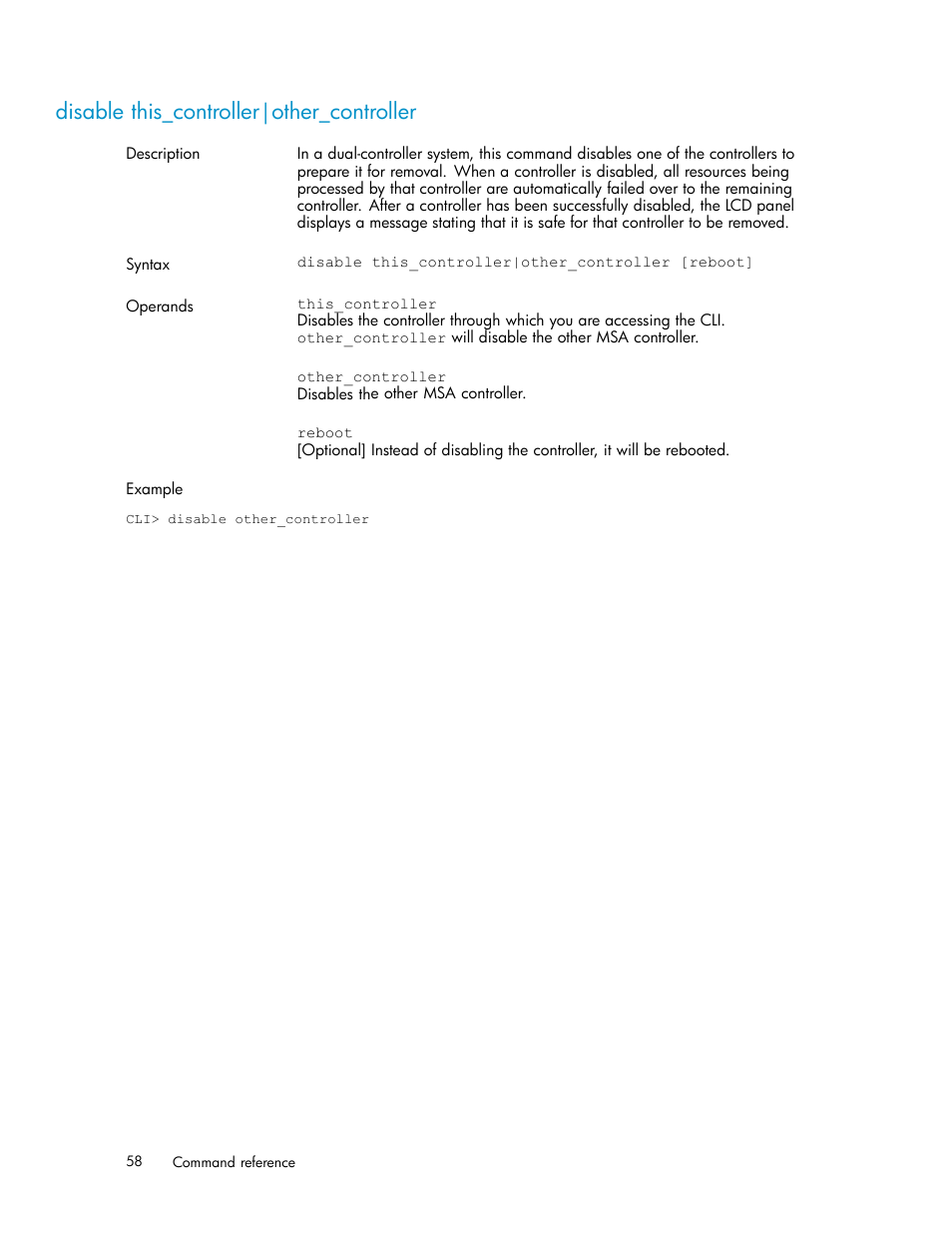 Disable this_controller|other_controller | HP StorageWorks 1510i Modular Smart Array User Manual | Page 58 / 154