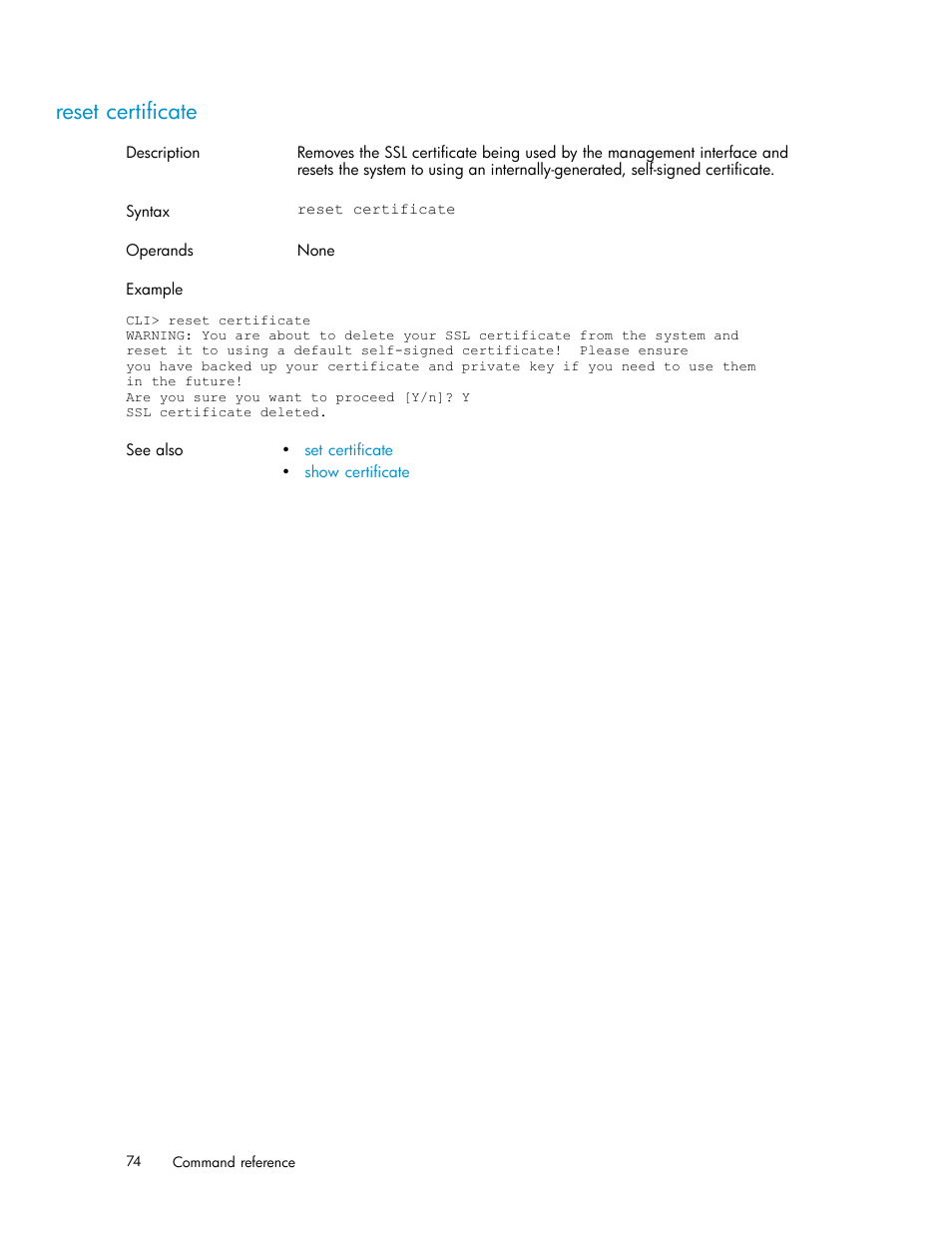 Reset certificate | HP StorageWorks 1510i Modular Smart Array User Manual | Page 74 / 154