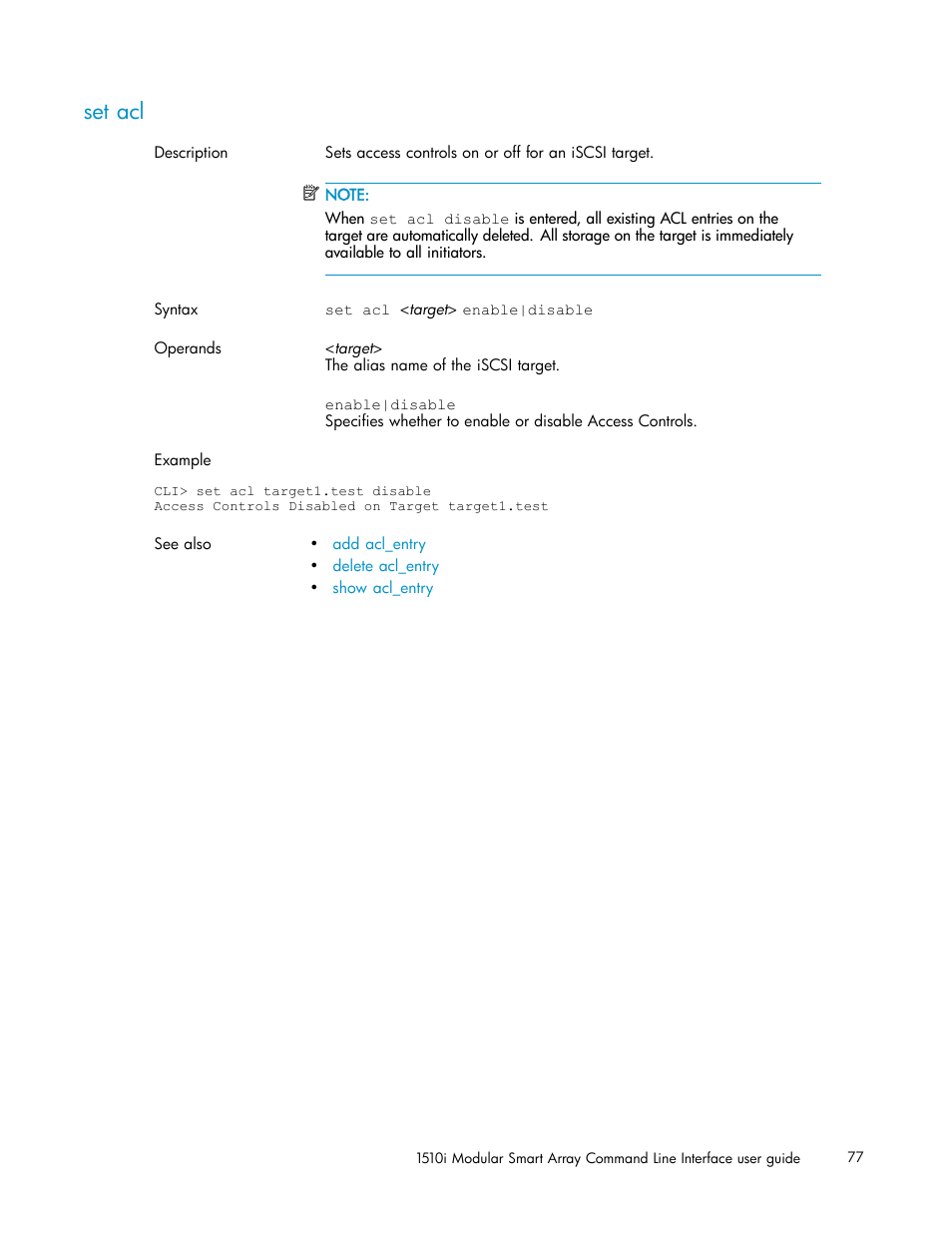Set acl | HP StorageWorks 1510i Modular Smart Array User Manual | Page 77 / 154
