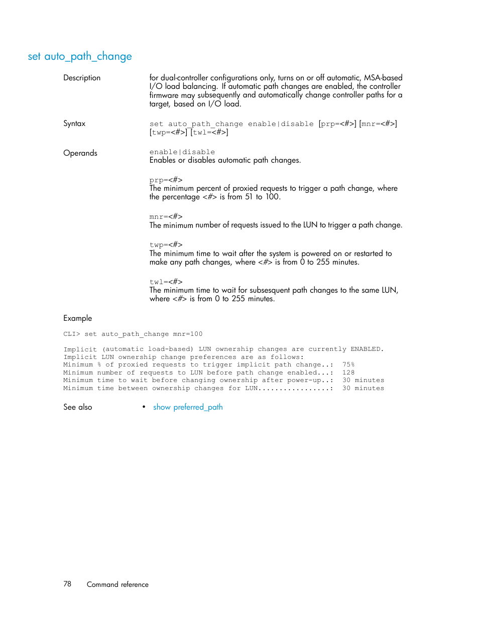 Set auto_path_change | HP StorageWorks 1510i Modular Smart Array User Manual | Page 78 / 154