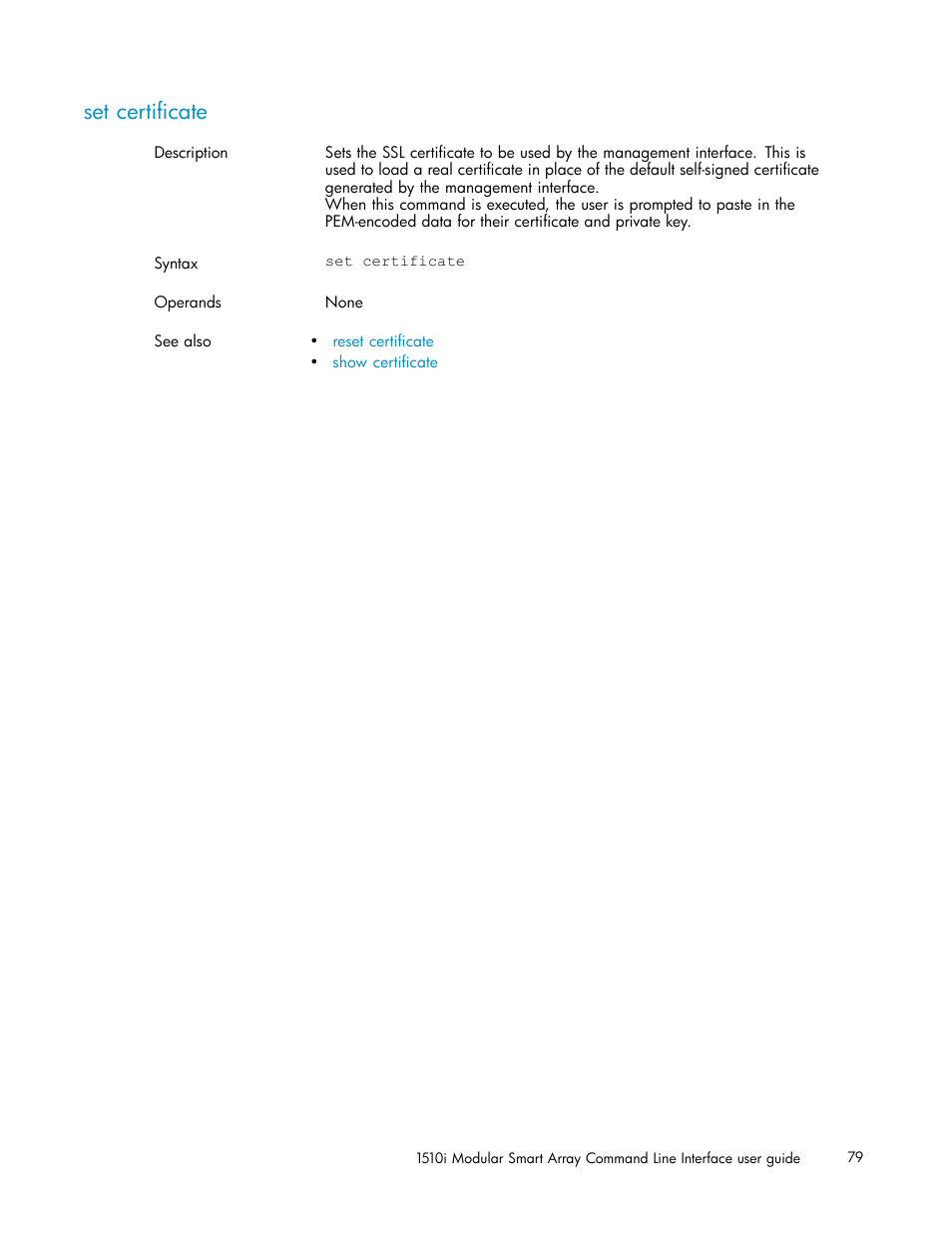 Set certificate | HP StorageWorks 1510i Modular Smart Array User Manual | Page 79 / 154