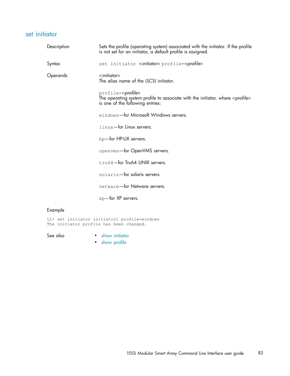 Set initiator | HP StorageWorks 1510i Modular Smart Array User Manual | Page 83 / 154