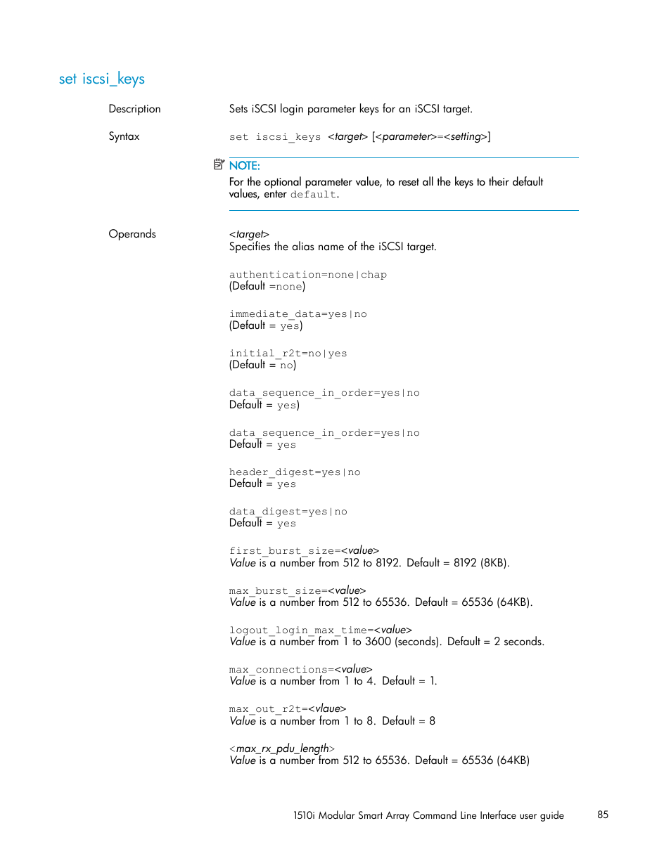 Set iscsi_keys | HP StorageWorks 1510i Modular Smart Array User Manual | Page 85 / 154