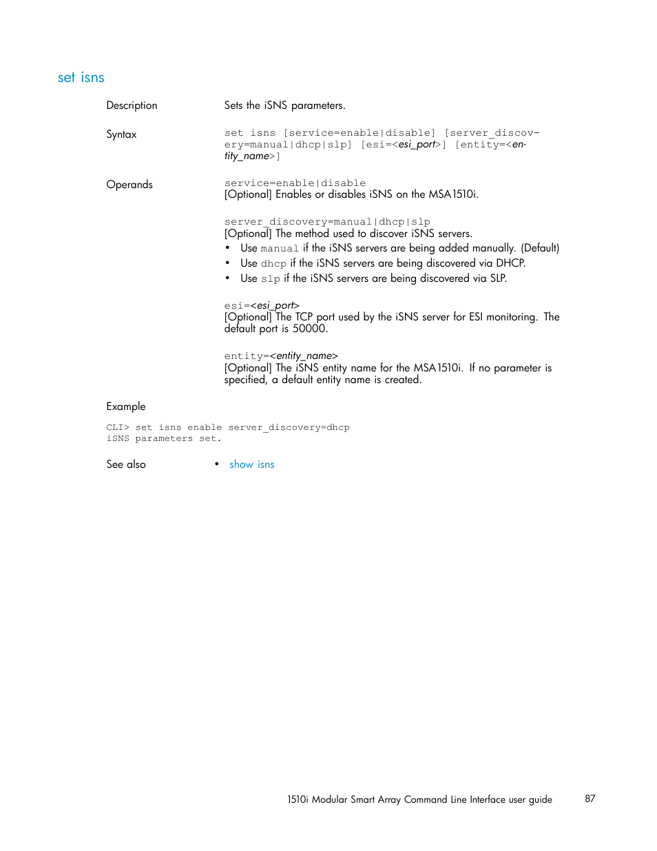 Set isns | HP StorageWorks 1510i Modular Smart Array User Manual | Page 87 / 154