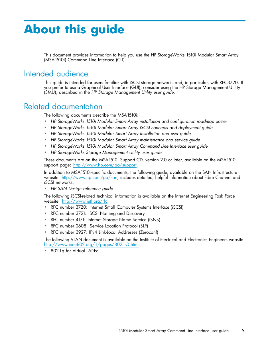 About this guide, Intended audience, Related documentation | HP StorageWorks 1510i Modular Smart Array User Manual | Page 9 / 154