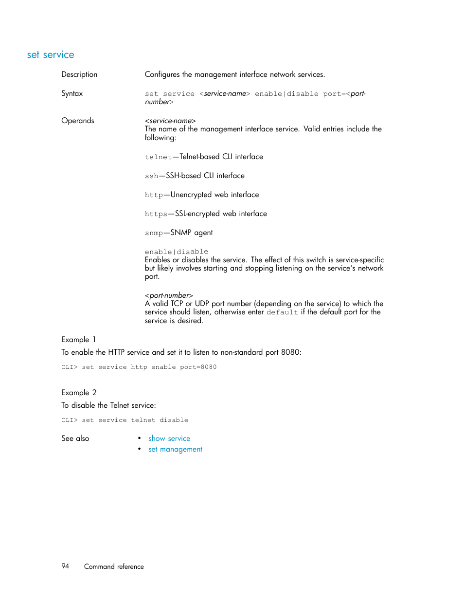 Set service | HP StorageWorks 1510i Modular Smart Array User Manual | Page 94 / 154